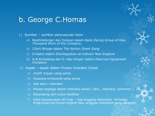 b. George C.Homas

1) Sumber – sumber penyusunan teori
    a) Roethlisberger dan Dickson dalam Bank Daring Group of How
       Thousand Work of the Company.
    b) J.Eort Whype dalam The Norton Sheet Gang
    c) H.Hatch dalam Disintegration at miltown New England
    d) A.M.Ernesberg dan D. Mac Gregor dalam Electrical Equipment
       Company.
2) Aspek – aspek dalam Proses Interaksi Sosial
    a) motif/ tujuan yang sama
    b) Suasana emosional yang sama
    c) Ada aksi / interaksi
    d) Proses segitiga dalam interaksi sosial ( aksi , interaksi, sentimen )
    e) Dipandang dari sudut totalitas
    f)   Hasil penyesuaian diri tiap – tiap anggota kelompok terhadap
         lingkungannya tanpa tingkah laku anggota kelompok yang seragam
 