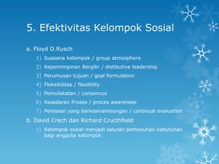 5. Efektivitas Kelompok Sosial

a. Floyd D.Rusch
   1) Suasana kelompok / group atmosphere
   2) Kepemimpinan Bergilir / distibutive leadership
   3) Perumusan tujuan / goal formulation
   4) Fleksibilitas / flexibility
   5) Pemufakatan / consencus
   6) Kesadaran Proses / proces awareness
   7) Penilaian yang berkesinambungan / continual evaluation
b. David Crech dan Richard Cructhfield
   1) Kelompok sosial menjadi saluran pemenuhan kebutuhan
      bagi anggota kelompok
 