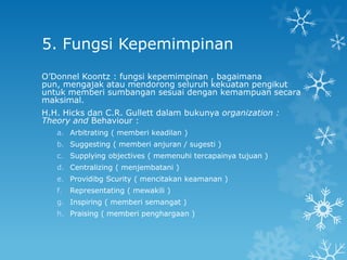 5. Fungsi Kepemimpinan
O’Donnel Koontz : fungsi kepemimpinan , bagaimana
pun, mengajak atau mendorong seluruh kekuatan pengikut
untuk memberi sumbangan sesuai dengan kemampuan secara
maksimal.
H.H. Hicks dan C.R. Gullett dalam bukunya organization :
Theory and Behaviour :
   a. Arbitrating ( memberi keadilan )
   b. Suggesting ( memberi anjuran / sugesti )
   c. Supplying objectives ( memenuhi tercapainya tujuan )
   d. Centralizing ( menjembatani )
   e. Providibg Scurity ( mencitakan keamanan )
   f.   Representating ( mewakili )
   g. Inspiring ( memberi semangat )
   h. Praising ( memberi penghargaan )
 
