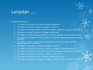 Lanjutan ...

c. David Kretch,et-al
    1)   The leader as executive ( pimpinan sebagai pelaksana )
    2)   The leader as planner ( pimpinan sebagai perncana )
    3)   The leader as as policy maker ( pimpinan sebagai pembuat / penentu kebijakan )
    4)   The leader as expert ( pimpinan sebagai seorang ahli )
    5)   The leader as external group represent ( pimpinan sebagai wakil kelompok keluar )
    6)   The leader as controller of internal relation ( pimpinan sebagai pengendali hubungan
         ionternal )
    7)   The leader as giver of reward and punishment ( pimpinan sebagai pemeberi
         penghargaan dan hukuman )
    8)   The leader as exemplar ( pimpinan sebagai contoh )
    9)   The leader as symbol of the group ( pimpinan sebagai lambang kelompok )
    10) The leader as subtitue for individual ( pimpinan sebagai pengganti bagi individu )
    11) The leader as ideologist ( pimpinan sebagai pemberi ide )
    12) The leader as as father figure ( pimpinan sebagai figur ayah )
    13) The leader as scapegoat ( pimpinan sebagai kambing hitam / tumpuan masalah
 