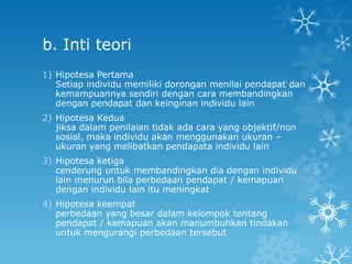 b. Inti teori
1) Hipotesa Pertama
   Setiap individu memiliki dorongan menilai pendapat dan
   kemampuannya sendiri dengan cara membandingkan
   dengan pendapat dan keinginan individu lain
2) Hipotesa Kedua
   jiksa dalam penilaian tidak ada cara yang objektif/non
   sosial, maka individu akan menggunakan ukuran –
   ukuran yang melibatkan pendapata individu lain
3) Hipotesa ketiga
   cenderung untuk membandingkan dia dengan individu
   lain menurun bila perbedaan pendapat / kemapuan
   dengan individu lain itu meningkat
4) Hipotesa keempat
   perbedaan yang besar dalam kelompok tentang
   pendapat / kemapuan akan manumbuhkan tindakan
   untuk mengurangi perbedaan tersebut
 