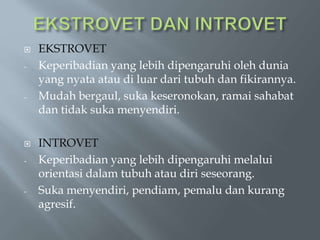  EKSTROVET
- Keperibadian yang lebih dipengaruhi oleh dunia
yang nyata atau di luar dari tubuh dan fikirannya.
- Mudah bergaul, suka keseronokan, ramai sahabat
dan tidak suka menyendiri.
 INTROVET
- Keperibadian yang lebih dipengaruhi melalui
orientasi dalam tubuh atau diri seseorang.
- Suka menyendiri, pendiam, pemalu dan kurang
agresif.
 