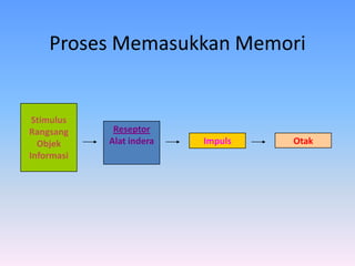 Proses Memasukkan Memori
Stimulus
Rangsang
Objek
Informasi
Reseptor
Alat indera Impuls Otak
 