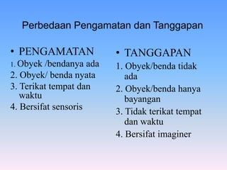Perbedaan Pengamatan dan Tanggapan
• PENGAMATAN
1. Obyek /bendanya ada
2. Obyek/ benda nyata
3. Terikat tempat dan
waktu
4. Bersifat sensoris
• TANGGAPAN
1. Obyek/benda tidak
ada
2. Obyek/benda hanya
bayangan
3. Tidak terikat tempat
dan waktu
4. Bersifat imaginer
 