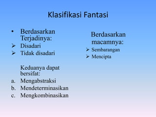 Klasifikasi Fantasi
• Berdasarkan
Terjadinya:
 Disadari
 Tidak disadari
Keduanya dapat
bersifat:
a. Mengabstraksi
b. Mendeterminasikan
c. Mengkombinasikan
Berdasarkan
macamnya:
 Sembarangan
 Mencipta
 