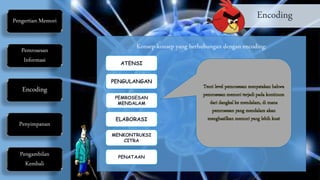 EncodingPengertian Memori
Pemrosesan
Informasi
Encoding
Penyimpanan
Pengambilan
Kembali
Konsep-konsep yang berhubungan dengan encoding:
ATENSI
PENGULANGAN
PEMROSESAN
MENDALAM
ELABORASI
MENKONTRUKSI
CITRA
PENATAAN
 