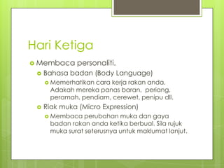 Hari Ketiga
 Membaca


personaliti.

Bahasa badan (Body Language)
 Memerhatikan

cara kerja rakan anda.
Adakah mereka panas baran, periang,
peramah, pendiam, cerewet, penipu dll.



Riak muka (Micro Expression)
 Membaca

perubahan muka dan gaya
badan rakan anda ketika berbual. Sila rujuk
muka surat seterusnya untuk maklumat lanjut.

 