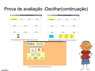 Prova de avaliação -Decifrar(continuação)




   Fonte: Retirado da prova Decifrar, registo de um sucesso                      Fonte: Retirado da prova Decifrar, registo de um insucesso




                                       Fonte: Retirado da prova Decifrar, pagina inicial
 
