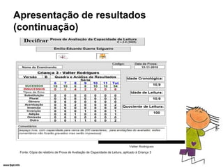 Apresentação de resultados
(continuação)




 Fonte: Cópia de relatório de Prova de Avaliação de Capacidade de Leitura, aplicado à Criança 3
 
