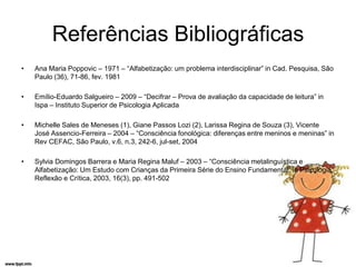 Referências Bibliográficas
•   Ana Maria Poppovic – 1971 – “Alfabetização: um problema interdisciplinar” in Cad. Pesquisa, São
    Paulo (36), 71-86, fev. 1981

•   Emílio-Eduardo Salgueiro – 2009 – “Decifrar – Prova de avaliação da capacidade de leitura” in
    Ispa – Instituto Superior de Psicologia Aplicada

•   Michelle Sales de Meneses (1), Giane Passos Lozi (2), Larissa Regina de Souza (3), Vicente
    José Assencio-Ferreira – 2004 – “Consciência fonológica: diferenças entre meninos e meninas” in
    Rev CEFAC, São Paulo, v.6, n.3, 242-6, jul-set, 2004

•   Sylvia Domingos Barrera e Maria Regina Maluf – 2003 – “Consciência metalinguística e
    Alfabetização: Um Estudo com Crianças da Primeira Série do Ensino Fundamental” in Psicologia:
    Reflexão e Crítica, 2003, 16(3), pp. 491-502
 