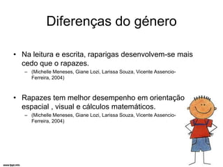 Diferenças do género

• Na leitura e escrita, raparigas desenvolvem-se mais
  cedo que o rapazes.
   – (Michelle Meneses, Giane Lozi, Larissa Souza, Vicente Assencio-
     Ferreira, 2004)



• Rapazes tem melhor desempenho em orientação
  espacial , visual e cálculos matemáticos.
   – (Michelle Meneses, Giane Lozi, Larissa Souza, Vicente Assencio-
     Ferreira, 2004)
 