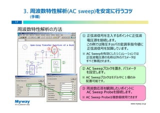 3. 周波数特性解析(AC sweep)
               (AC sweep)を安定に⾏うコツ
         (手順)
            )
17


 周波数特性解析の方法
                        ① 正弦波信号を注⼊するポイントに正弦波
                          電圧源を接続します。
                          この例では降圧チョッパの変調率指令値に
                ③         正弦波信号を加算しています。
                        ※ AC Sweepを有効にしたシミュレーションでは
                          正弦波電圧源の名称以外のパラメータは
                          すべて無視されます。
                    ②
                        ② AC Sweepブロックを置き、パラメータ
     ①                    を設定します。
                        ※ AC Sweepブロックはモデル中に１個のみ
                          配置可能です。

                        ③ 周波数応答を観測したいポイントに
                          AC Sweep Probeを接続します。
                        ※ AC Sweep Probeは複数個使用できます
                                              www.myway.co.jp
 