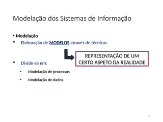 Modelação dos Sistemas de Informação
• Modelação
 Elaboração de MODELOS através de técnicas
 Divide-se em:
• Modelação de processos
• Modelação de dados
19
REPRESENTAÇÃO DE UM
CERTO ASPETO DA REALIDADE
 