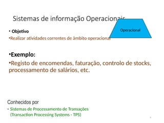 Sistemas de informação Operacionais
• Objetivo
•Realizar atividades correntes de âmbito operacional
•Exemplo:
•Registo de encomendas, faturação, controlo de stocks,
processamento de salários, etc.
6
Conhecidos por
- Sistemas de Processamento de Transações
(Transaction Processing Systems - TPS)
Operacional
 