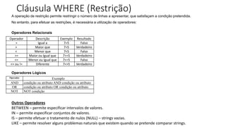 Cláusula WHERE (Restrição)
Operador Descrição Exemplo Resultado
= Igual a 7=5 Falso
> Maior que 7>5 Verdadeiro
< Menor que 7<5 Falso
>= Maior ou Igual que 7>=5 Verdadeiro
<= Menor ou Igual que 7<=5 Falso
<> ou != Diferente 7<>5 Verdadeiro
A operação de restrição permite restringir o número de linhas a apresentar, que satisfaçam a condição pretendida.
No entanto, para efetuar as restrições, é necessária a utilização de operadores:
Operadores Relacionais
Operadores Lógicos
Outros Operadores
BETWEEN – permite especificar intervalos de valores.
IN – permite especificar conjuntos de valores.
IS – permite efetuar o tratamento de nulos (NULL) – strings vazias.
LIKE – permite resolver alguns problemas naturais que existem quando se pretende comparar strings.
Operador Exemplo
AND condição ou atributo AND condição ou atributo
OR condição ou atributo OR condição ou atributo
NOT NOT condição
 