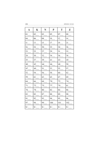 108                                             adenáuer novaes



      A     K        N         P         T             Z
01___     02___   03___     05___     07___        09___
04___     06___   08___     10___     12___        14___
11___     13___   15___     17___     19___        21___
16___     18___   20___     22___     24___        26___
23___     25___   27___     29___     31___        33___
28___     30___   32___     34___     3 6 ___      38___
35___     37___   3 9 ___   41___     43___        45___
40___     42___   44___     46___     4 8 ___      50___
47___     49___   51___     53___     55___        5 7 ___
52___     54___   56___     58___     60___        62___
59___     61___   63___     65___     67___        6 9 ___
64___     66___   68___     70___     72___        7 4 ___
71___     73___   75___     7 7 ___   79___        81___
76___     78___   80___     8 2 ___   84___        86___
83___     85___   87___     88___     8 9 ___      90___
91___     92___   93___     9 4 ___   95___        96___
97___     98___   99___     100___ 101___ 102___
S=___     S=___   S=___     S=___     S=___        S=___
 