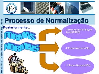 Módulo13–TécnicasdeModelaçãodeDados
Processo de Normalização
• Forma Normal de Boyce-
Codd (FNCB)
• 5ª Forma Normal (5FN)
• 4ª Forma Normal (4FN)
• Posteriormente...
 