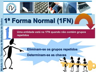 Módulo13–TécnicasdeModelaçãodeDados
1ª Forma Normal (1FN)
Uma entidade está na 1FN quando não contém grupos
repetidos
Eliminam-se os grupos repetidos
Determinam-se as chaves
 