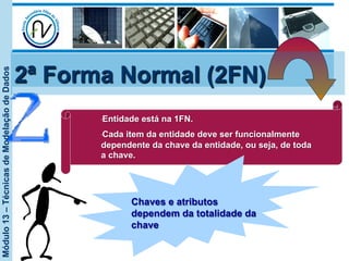 Módulo13–TécnicasdeModelaçãodeDados
• Entidade está na 1FN.
• Cada item da entidade deve ser funcionalmente
dependente da chave da entidade, ou seja, de toda
a chave.
Chaves e atributos
dependem da totalidade da
chave
2ª Forma Normal (2FN)
 