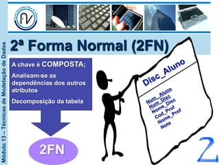Módulo13–TécnicasdeModelaçãodeDados
2ª Forma Normal (2FN)
A chave é COMPOSTA;
Analisam-se as
dependências dos outros
atributos
Decomposição da tabela
2FN
 