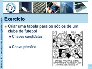 Módulo13–TécnicasdeModelaçãodeDados
Exercício
n  Criar uma tabela para os sócios de um
clube de futebol
l  Chaves candidatas
l  Chave primária
25
 