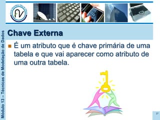 Módulo13–TécnicasdeModelaçãodeDados
Chave Externa
n  É um atributo que é chave primária de uma
tabela e que vai aparecer como atributo de
uma outra tabela.
27
 