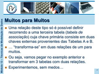 Módulo13–TécnicasdeModelaçãodeDados
Muitos para Muitos
n  Uma relação deste tipo só é possível definir
recorrendo a uma terceira tabela (tabela de
associação) cuja chave primária consiste em duas
chaves externas provenientes das Tabelas A e B.
n  … “transforma-se” em duas relações de um para
muitos.
n  Ou seja, vamos pegar no exemplo anterior e
transformar em 3 tabelas com duas relações.
n  Experimentemos, sem medos… 41
 