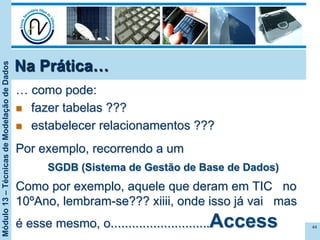 Módulo13–TécnicasdeModelaçãodeDados
Na Prática…
… como pode:
n  fazer tabelas ???
n  estabelecer relacionamentos ???
Por exemplo, recorrendo a um
SGDB (Sistema de Gestão de Base de Dados)
Como por exemplo, aquele que deram em TIC no
10ºAno, lembram-se??? xiiii, onde isso já vai mas
é esse mesmo, o……………………….Access 44
 