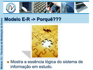 Módulo13–TécnicasdeModelaçãodeDados
• Assiste à
Modelo E-R -> Porquê???
n  Mostra a essência lógica do sistema de
informação em estudo.
 