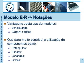 Módulo13–TécnicasdeModelaçãodeDados
n  Vantagens deste tipo de modelos:
l  Simplicidade
l  Clareza Gráfica
n  Que para muito contribui a utilização de
componentes como:
l  Retângulos;
l  Elipses;
l  Losangos;
l  Linhas; 66
Modelo E-R -> Notações
 
