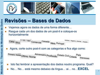 Módulo13–TécnicasdeModelaçãodeDados
Revisões – Bases de Dados
n  Vejamos agora os dados de uma forma diferente…
n  Rasgue cada um dos dados de um post-it e coloque-os
horizontalmente
7
n  Agora, corte outro post-it com as categorias e fica algo como:
n  Isto faz lembrar a apresentação dos dados noutro programa. Qual?
n  No… No… está mesmo debaixo da língua… ai… no…EXCEL
 
