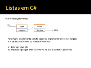 Inserir Dados/Elementos:
Para inserir um elemento na lista podemos implementar diferentes funções
mas os passos são mais ou menos os mesmos:
a) Criar um novo nó;
b) Procurar a posição onde inserir o nó na lista e ajustar os ponteiros.
 