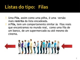  Uma Fila, assim como uma pilha, é uma versão
mais restrita da lista encadeada.
 A Fila, tem um comportamento similar às filas reais
que encontramos no mundo real, como uma fila de
um banco, de um supermercado ou até mesmo do
cinema.
2
 