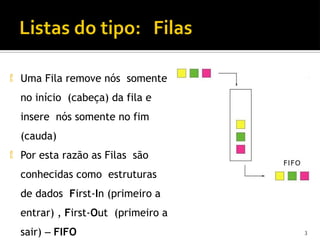  Uma Fila remove nós somente
no início (cabeça) da fila e
insere nós somente no fim
(cauda)
 Por esta razão as Filas são
conhecidas como estruturas
de dados First-In (primeiro a
entrar) , First-Out (primeiro a
sair) – FIFO 3
 