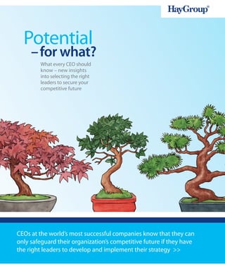 Potential
     – for what?
        What every CEO should
        know – new insights
        into selecting the right
        leaders to secure your
        competitive future




CEOs at the world’s most successful companies know that they can
only safeguard their organization’s competitive future if they have
the right leaders to develop and implement their strategy >>
 