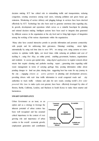 decision making. ICT has critical role in rationalizing traffic and transportation, reducing
congestion, creating awareness among road users, reducing pollution and green house gas
emissions. Monitoring of service delivery and plugging leakage in services have been checked
effectively by ICT. Technology has also been used to generate enormous data regarding city,
its growth, development and operations which serves as a valuable base/input for planning
and rational decision making. Intelligent systems have been used to integrate data generated
by different sources in the organization at the city level and to bring high degree of integration
among the working of the various departments within the organization.
Many cities have created interactive portals to provide information and promote connectivity
with people and for addressing their grievances. Dimming/ switching street lights
automatically by using real time data to save 30% on energy cost; using cameras at cross-
sections to optimise traffic lights, cut travel times while reducing air pollution and cost of
tackling it ; using One Map, an online portal, enabling government, business, organisations
and residents to access geo-spatial data; using digital applications to register concern about
streets that require cleaning and potholes needing repair ; generating data regarding solid
waste management in terms of carrying garbage bins; posting information online about
pending changes to land use plan; sharing data suggesting best bus route for any journey in
the city ; engaging citizens as active partners in planning and development process;
providing drivers with real- time traffic information to avoid congested roads and city
authorities to track traffic volumes and plan for new roads; creating world’s first solar
powered bike lane to make cycle even greener, have been effectively leveraged by cities of
Boston, Berlin, California, London, and Bucheon in South Korea to make them smarter and
harmonious.
SMART GOVERNANCE
Urban Governance as an issue, as an
option and as a strategy to leverage the
inherent potential of urban centres has
been well recognized and has assumed
critical importance in the context of ever
growing role and importance of urban
centres in the overall economic growth,
employment generation and contribution
 