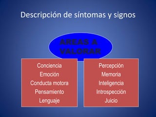 Descripción de síntomas y signos


             AREAS A
             VALORAR
    Conciencia        Percepción
     Emoción            Memoria
  Conducta motora     Inteligencia
   Pensamiento       Introspección
     Lenguaje            Juicio
 