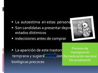 La  autoestima  en estas  personas es nula Son candidatas a presentar depresiones y estados dístimicosindecisiones antes de comprarLa aparición de este trastorno es temprana y sugiere alteraciones biológicas precoces  Procesos de impregnaciónDe maduración neuronalDe socialización