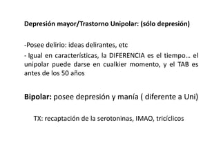 Depresión mayor/Trastorno Unipolar: (sólo depresión)

-Posee delirio: ideas delirantes, etc
- Igual en características, la DIFERENCIA es el tiempo… el
unipolar puede darse en cualkier momento, y el TAB es
antes de los 50 años


Bipolar: posee depresión y manía ( diferente a Uni)

   TX: recaptación de la serotoninas, IMAO, tricíclicos
 