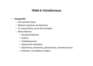 TEMA 6: Psicofármacos

• Haroperidol
   – Anti psicótico típico
   – Bloquea receptores de dopamina
   – Tx: esquizofrenia, corea de Huntington
   – Efecto Adverso:
       • Extrapiramidalismo
       • Acatisia
       • Tardodisquinecia
       • Hipotensión ortostatica
       • Galactorrea, amenorrea, ginecomastia, aumento de peso
       • Síndrome neuroléptico maligno.
 