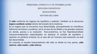 PSIQUISMO, CONDUCTA Y SU INTERRELACIÓN.
REFLEJOS COGNITIVOS.
SENSACIONES
SENTIDO DEL OIDO
El oído conforma los órganos de equilibrio y audición. También se le denomina
órgano vestíbulo coclear dentro del estudio de la medicina.
Es un órgano que se encuentra muy desarrollado, principalmente en mamíferos
inferiores terrestres y acuáticos, tal es el caso de los félidos y los grandes cetáceos
en donde, gracias a su evolución fisio-anatómica, se han hiperdesarrollado
mecanorreceptocitos especializados en destacar el sentido de equilibrio y
audición en perfecta armonía. En el caso del ser humano esta evolución no está
tan desarrollada.
En conjunto el estudio histoanatómico del oído se divide en tres partes, oído
externo, oído medio y oído interno.
 