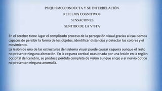 PSIQUISMO, CONDUCTA Y SU INTERRELACIÓN.
REFLEJOS COGNITIVOS.
SENSACIONES
SENTIDO DE LA VISTA
En el cerebro tiene lugar el complicado proceso de la percepción visual gracias al cual somos
capaces de percibir la forma de los objetos, identificar distancias y detectar los colores y el
movimiento.
La lesión de una de las estructuras del sistema visual puede causar ceguera aunque el resto
no presente ninguna alteración. En la ceguera cortical ocasionada por una lesión en la región
occipital del cerebro, se produce pérdida completa de visión aunque el ojo y el nervio óptico
no presentan ninguna anomalía.
 