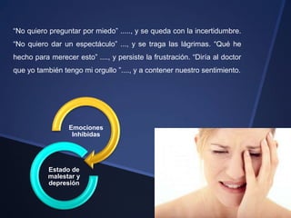 “No quiero preguntar por miedo” ....., y se queda con la incertidumbre.
“No quiero dar un espectáculo” ..., y se traga las lágrimas. “Qué he
hecho para merecer esto” ...., y persiste la frustración. “Diría al doctor
que yo también tengo mi orgullo ”...., y a contener nuestro sentimiento.




                  Emociones
                   Inhibidas




           Estado de
           malestar y
           depresión
 