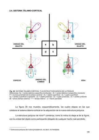 2.4. SISTEMA TÁLAMO-CORTICAL
Fig. 39 SISTEMA TÁLAMO-CORTICAL Y LA ESTRUCTURA BÁSICA DE LA PSIQUIS
Referencias: NE = núcleo talámico específico (contenido) - NI = núcleo talámico inespecífico (contexto)
P = neurona piramidal de la corteza cerebral - OS = objeto superficial - SS = sujeto superficial
VS = cambio superficial o aparente - OP = objeto profundo - SP = sujeto produndo - VP = cambio profundo
Ⓐ = ahora (tiempo externo) - = tiempo interno - ⏃	
  = hecho percibido
La figura 39 nos muestra, esquemáticamente, las cuatro etapas en las que
colabora el sistema tálamo-cortical en la adquisición de la nueva estructura psíquica.
La estructura psíquica de novo43 comienza, como lo indica la etapa a de la figura,
con la unidad del objeto como participante obligado de cualquier hecho real percibido.
106
43 Estructura psíquica de nueva procedencia, es decir, no heredada.
 