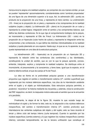 transcursiva le asigna a la realidad subjetiva, se comportan de una manera similar, ya que
se pueden ‘representar’ aproximadamente, considerándolas como ‘sombras proyectadas’
de una figura de una dimensión superior a la suya. Así, la adimensión (0D - punto) es
producto de la proyección de una línea, y representa el mero cambio. La unidimensión
(1D - línea) es la proyección de un plano y representa a los componentes de la realidad
subjetiva (sujeto y objeto). La bidimensión (2D - plano) es la proyección de un cubo y
representa la unidad lógica; integración entre el cambio y los componentes básicos, que
define las distintas contexturas. Es la que rige el comportamiento biológico de la psiquis,
es inconsciente y representa al Ello de Freud. La tridimiensión (3D - cubo) es la
proyección de un hipercubo (cubo hecho de cubos) y representa la integración entre los
componentes y las contexturas, lo que define las distintas individualidades en la realidad
subjetiva y queda plasmado en una especie. Hasta aquí, lo que se ve, lo aparente, lo que
queda representado en una idea de la estructura psíquica.
La tetradimensión (4D - hipercubo) es la proyección de un hipercubo 5D y
representa la relación entre las contexturas (los continentes) y las identidades,
constituyendo la unidad de sentido, que es con la que la psiquis aprende, conoce,
entiende, interpreta, explica y comprende la realidad subjetiva. Se distribuye entre el
inconsciente, el preconsciente y la consciencia; y tiene base, igual que la especie, en el
sistema tálamo-cortical, el que da cuerpo al Yo de Freud.
La idea se forma en la profundidad psíquica gracias a una transformación
proyectiva que registra el cambio o transformación externa (VS, cambio superficial) que
ingresando por los núcleos talámicos específicos, nos dice de la interrelación existente
entre el sujeto y el objeto ya individualizados. Esta estructura psíquica permitirá, a
posteriori, ‘reconstruir’ la historia mediante los recuerdos; y además, inicia la construcción
del PAF respectivo, es decir, la respuesta motora adecuada al sentido que se le encuentre
a lo percibido.
Finalmente, la etapa d de la figura 39, muestra lo que sucede luego de
individualizar el sujeto y de formar la idea, esto es, la asignación a los núcleos talámicos
inespecíficos, del cambio o transformación interna (VP, cambio profundo) que
interrelaciona las vertientes subjetivas del objeto y del sujeto; esto se hace durante el
tercer y último ciclo del tiempo interno (cuña temporal). Cuando lo aportado por los
núcleos específicos (cambio externo) y lo que registran los núcleos inespecíficos (cambio
interno), coinciden temporalmente, se da la tercera unificación que constituye el
109
 