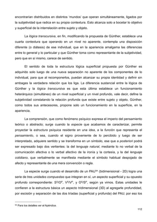 encontrarían distribuidos en distintos ‘mundos’ que operan simultáneamente, ligados por
la subjetividad que radica en su propia contextura. Esto alcanza solo a bocetar lo objetivo
y superficial de la interrelación entre sujeto y objeto.
La lógica transcursiva, en fin, modificando la propuesta de Günther, establece una
cuarta contextura que operando en un nivel no aparente, contempla una disposición
diferente (o diátesis) de ese individual, que en la apariencia amalgama las diferencias
entre lo general y lo particular y que Günther toma como representante de la subjetividad,
pero que en sí mismo, carece de sentido.
El sentido de toda la estructura lógica superficial propuesta por Günther es
adquirido solo luego de una nueva separación no aparente de los componentes de lo
individual, para que al recomponerlos, puedan alcanzar su propia identidad y definir sin
ambages la verdadera relación que los liga. La diferencia sustancial entre la lógica de
Günther y la lógica transcursiva es que esta última establece un funcionamiento
heterárquico (simultáneo) de un nivel superficial y un nivel profundo, vale decir, define la
subjetividad constatando la relación profunda que existe entre sujeto y objeto. Günther,
como todos sus antecesores, propone solo un funcionamiento en la superficie, en la
apariencia.
La comprensión, que como fenómeno psíquico expresa el imperio del pensamiento
teórico o abstracto; surge cuando la especie que acabamos de caracterizar, permite
proyectar la estructura psíquica residente en una idea, a la función que representa el
pensamiento, o sea, cuando el signo proveniente de lo percibido y luego de ser
interpretado, adquiere sentido y se transforma en un símbolo, ese que a posteriori podrá
ser expresado bajo dos vertientes: la del lenguaje natural, mediante lo no verbal de la
comunicación afectiva o lo verbal afectivo de la ironía y la cortesía, y la del lenguaje
cotidiano, que verbalmente se manifiesta mediante el símbolo habitual despojado de
afecto y representante de una mera convención o regla.
La especie surge cuando el desarrollo de un PAU54 (bidimensional - 2D) logra una
serie de tres unidades compuestas que integran en sí, un aspecto superficial y su opuesto
profundo correspondiente: SS/OP, VS/VP, y OS/SP, según ya vimos. Estas unidades le
confieren a la estructura básica un aspecto tridimensional (3D) al agregarle profundidad,
por escisión y separación de las dos tríadas (superficial y profunda) del PAU; por eso los
112
54 Para los detalles ver el Apéndice.
 