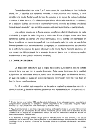 Cuando las relaciones entre S y O están dadas tal como lo hemos descrito hasta
ahora, en LT decimos que tenemos formada, a nivel psíquico, una especie, la cual
constituye la piedra fundamental de todo lo psíquico, o en donde la realidad subjetiva
comienza a tener sentido. Corroboramos que hemos alcanzado una unidad compuesta,
en la especie, cuando se obtiene el color blanco56 como producto del ciclado simultáneo
(heterárquico) absoluto57 y en sentidos opuestos, del nivel superficial y el nivel profundo.
Los códigos binarios de la figura anterior se refieren a la individualización de cada
continente y surgen del color asignado a cada uno. Estos códigos sirven para dejar
constancia cuándo se alcanza una unidad compuesta, o sea, cuándo son alcanzados en
forma simultánea un elemento superficial y su contraparte profunda; esta es una de las
formas que tiene la LT para mostrarnos, por ejemplo, un posible mecanismo de formación
de la estructura psíquica. Se puede observar en la misma figura, hacia la izquierda, en
una proyección bidimensional de la especie, la unidad lógica que constituye su núcleo
fundamental, el PAU (patrón autónomo universal).
2.6. CORTEZA CEREBRAL
La disposición estructural que la lógica transcursiva (LT) reserva para la corteza
cerebral tiene que ver con la cuarta dimensión. Esta nueva dimensión de la realidad
subjetiva es de naturaleza temporal, como todas las demás, pero se diferencia de ellas,
en que solo puede ser puesta en evidencia mediante ‘información indirecta’, vale decir, en
función de sus manifestaciones.
En LT la unidad lógico-operativa de la corteza cerebral se denomina psicocito o
célula psíquica58, y desde la metáfora geométrica está representada por un hipercubo 4D.
114
56 El color blanco, en el modelo RGB, es el producto de la suma de los colores primarios y secundarios o
complementarios respectivos. Así: azul (001) + amarillo (110) = blanco (111); verde (010) + magenta (101) =
blanco (111); y rojo (100) + ciano (011) = blanco (111). (Nota del Autor)
57 Aquí, la simultaneidad es absoluta porque se despliega en la apariencia de un universo tridimensional.
Podríamos decir que se comporta de una manera newtoniana, ya que opera como si se tratara de una
conversión de un espacio en un determinado tiempo. Se tarda un determinado tiempo en recorrer un
determinado espacio. (Nota del Autor)
58 En homenaje a Santiago Ramón y Cajal quien en 1892 bautizara con este apelativo, a las células
piramidales que él descubrió en la corteza prefrontal (a las que también llamó las mariposas del alma) y que
considerara como el sustrato idóneo de las funciones psíquicas superiores (pensamiento, percepción,
memoria).
 