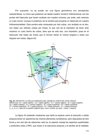 Por supuesto, no se puede ver una figura geométrica con semejantes
características. Lo único que podemos ver desde nuestro ‘encierro’ tridimensional, son los
puntos del hipercubo que hacen contacto con nuestro universo; por ende, solo veremos
un cubo común; aunque sí podemos ver la sombra que proyecta un hipercubo en nuestra
tridimensionalidad. Esta sombra esta compuesta por dos cubos, uno anidado en el otro,
con todos sus vértices unidos por líneas, lo que nos da la impresión de tener ante
nosotros un cubo hecho de cubos; claro que es solo eso, una impresión, pues en el
hipercubo real todas las líneas que lo forman tienen la misma longitud y todos sus
ángulos son rectos. (figura 43)
Fig. 43 PSICOCITO, LA CÉLULA PSÍQUICA (4D), DESDE EL PUNTO DE VISTA LÓGICO
Referencias: SO = sujeto objetivo - OO = objeto objetivo - VO = cambio objetivo - SS = sujeto subjetivo
OS = objeto subjetivo - VS = cambio subjetivo - SS = sujeto superficial - OS = objeto superficial
VS = cambio superficial - SP = sujeto profundo - OP = objeto profundo - VP = cambio profundo
x1, x2, x3, x4 = ejes de la realidad subjetiva (qué, cómo, cuándo, por qué) - núcleo = especie
La figura 43 pretende mostrarnos que tanto la especie como el psicocito o célula
psíquica tienen en apariencia los mismos elementos constitutivos, pero dispuestos de otra
forma y con otro tipo de relaciones; esto es, la especie maneja los aspectos superficiales
y profundos (idea y PAF), que hacen a la estructura psíquica y el sentido de la realidad;
115
 