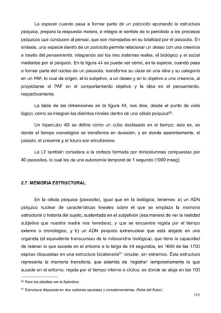La especie cuando pasa a formar parte de un psicocito aportando la estructura
psíquica, prepara la respuesta motora, e integra el sentido de lo percibido a los procesos
psíquicos que conducen al pensar, que son manejados en su totalidad por el psicocito. En
síntesis, una especie dentro de un psicocito permite relacionar un deseo con una creencia
a través del pensamiento, integrando así los tres sistemas reales, el biológico y el social
mediados por el psíquico. En la figura 44 se puede ver cómo, en la especie, cuando pasa
a formar parte del núcleo de un psicocito, transforma su clase en una idea y su categoría
en un PAF, lo cual da origen, el lo subjetivo, a un deseo y en lo objetivo a una creencia, al
proyectarse el PAF en el comportamiento objetivo y la idea en el pensamiento,
respectivamente.
La tabla de las dimensiones en la figura 44, nos dice, desde el punto de vista
lógico, cómo se integran los distintos niveles dentro de una célula psíquica60.
Un hipercubo 4D se define como un cubo desfasado en el tiempo; esto es, es
donde el tiempo cronológico se transforma en duración, y en donde aparentemente, el
pasado, el presente y el futuro son simultáneos.
La LT también considera a la corteza formada por minicolumnas compuestas por
40 psicocitos, lo cual les da una autonomía temporal de 1 segundo (1000 mseg)
2.7. MEMORIA ESTRUCTURAL
En la célula psíquica (psicocito), igual que en la biológica, tenemos: a) un ADN
psíquico nuclear de características lineales sobre el que se emplaza la memoria
estructural o historia del sujeto, sustentada en el subjetivón (esa manera de ver la realidad
subjetiva que nuestra madre nos heredara), y que se encuentra regida por el tiempo
externo o cronológico, y b) un ADN psíquico extranuclear que está alojado en una
organela (el equivalente transcursivo de la mitocondria biológica), que tiene la capacidad
de retener lo que sucede en el entorno a lo largo de 40 segundos, en 1600 de las 1700
espiras dispuestas en una estructura bicatenaria61 circular, sin extremos. Esta estructura
representa la memoria transitoria, que además de ‘registrar’ temporariamente lo que
sucede en el entorno, regida por el tiempo interno o cíclico; es donde se aloja en las 100
117
60 Para los detalles ver el Apéndice.
61 Estructura dispuesta en dos cadenas opuestas y complementarias. (Nota del Autor)
 