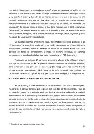 que está indicada como la memoria estructural, y que se encuentra contenida en una
especie a la cual aporta la idea y el PAF, se rige por el tiempo externo, cronológico o lineal
y representa el ‘orden’ y duración de los hechos percibidos, lo que le da sustancia a la
memoria estructural que no es otra cosa que la historia del sujeto portador.
Perpendicularmente a la anterior y dispuesto a modo de un trifolio, se encuentra una
idealización del tiempo interno o cíclico, el que tiene relación con el ADN extranuclear
(mitocondria) en donde asienta la memoria transitoria, y que es fundamental en el
funcionamiento perceptivo, en la elaboración volitiva, en los procesos cognitivos y en la
mecánica del soñar, como veremos luego.
Se muestran además, en la misma figura, las entradas sensoriales que llegan a los
núcleos talámicos específicos (contenido), y las que lo hacen desde los núcleos talámicos
inespecíficos (contexto); como así también, la salida de la especie hacia la OI y el
cerebelo en donde se ‘almacenarán’, a modo de memoria operativa, los patrones
temporales que rigen la actividad motora y que responden a un PAF determinado.
Finalmente, en la figura 45, se puede apreciar la relación entre el tiempo externo
que rige las oscilaciones (40 Hz) a que está sometida la unidad de sentido (el psicocito)
para cumplir con el acto perceptivo en estado vigil (25 mseg); y el tiempo externo durante
el cual estamos inconscientes (12,5 mseg de la cuña temporal) que gobierna las
oscilaciones de la unidad lógica62 (80 Hz), y en donde entra en vigencia el tiempo interno.
2.8. NIVELES DE CONSCIENCIA Y TIPOS DE ATENCIÓN
Se debe distinguir nivel de conciencia de inconsciente. Este último es un aspecto
funcional de la corteza cerebral que no puede ser accedido por la consciencia, y que se
encarga del manejo de la estructura psíquica básica que radica en la corteza cerebral,
como veremos en el próximo capítulo; mientras que el nivel de consciencia es un estado
psíquico funcional en donde están involucradas varias estructuras cerebrales además de
la corteza, aunque no existe estructura psíquica alguna que lo represente, solo es una
manera de hacer evidentes los aspectos funcionales psíquicos, como por ejemplo, el
pensar. En este sentido, la actividad inconsciente no se contrapone al estado de vigilia o
de consciencia.
120
62 El núcleo de una especie, como ya hemos visto.
 